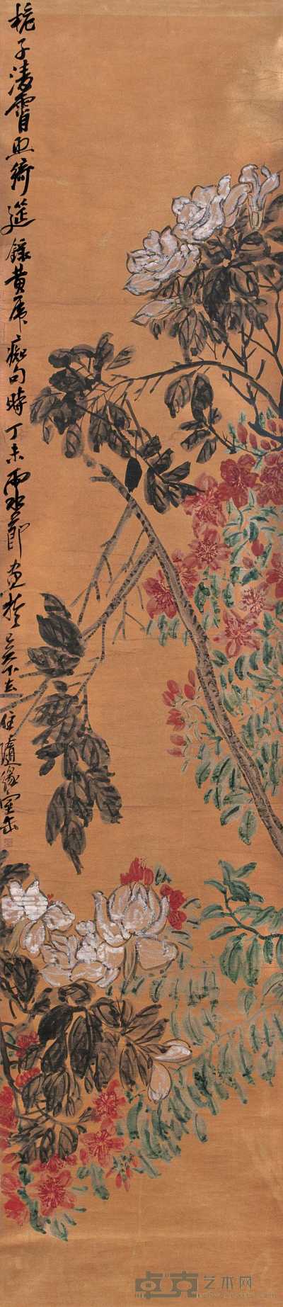 吴昌硕 1907年作 花卉 立轴 217×46cm